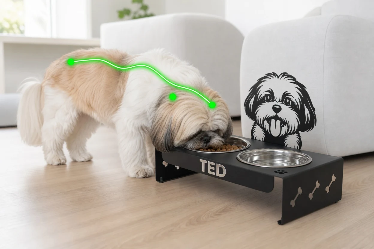 Shih Tzu usando um comedouro elevado personalizado com o nome TED