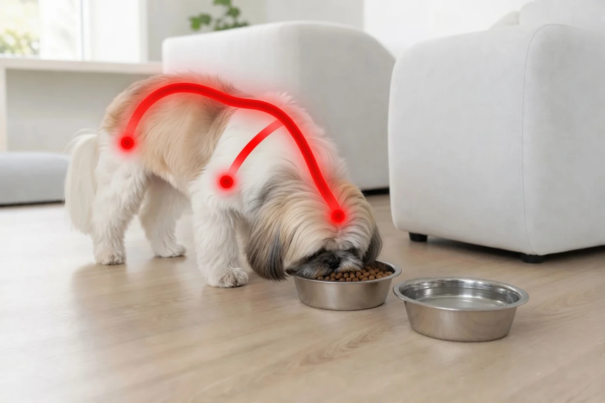 Shih Tzu se abaixando para comer em uma tigela no chão