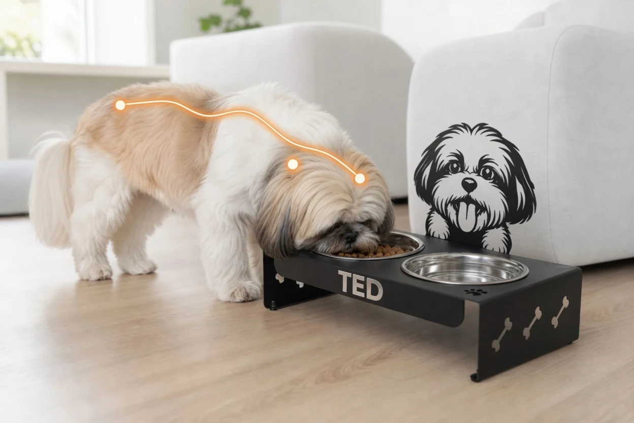 Shih Tzu se alimentando em uma tigela de altura intermediária